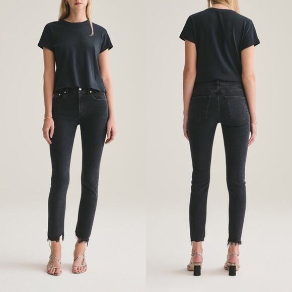 AGOLDE Toni Mid Rise Straight Jeans in Feral Black Distressed Raw Hem Size 24 - Picture 1 of 16